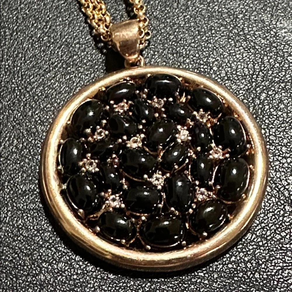 Bronze Milor Italy Black Cabochon & Faceted Gemstones Pendant Vintage Necklace